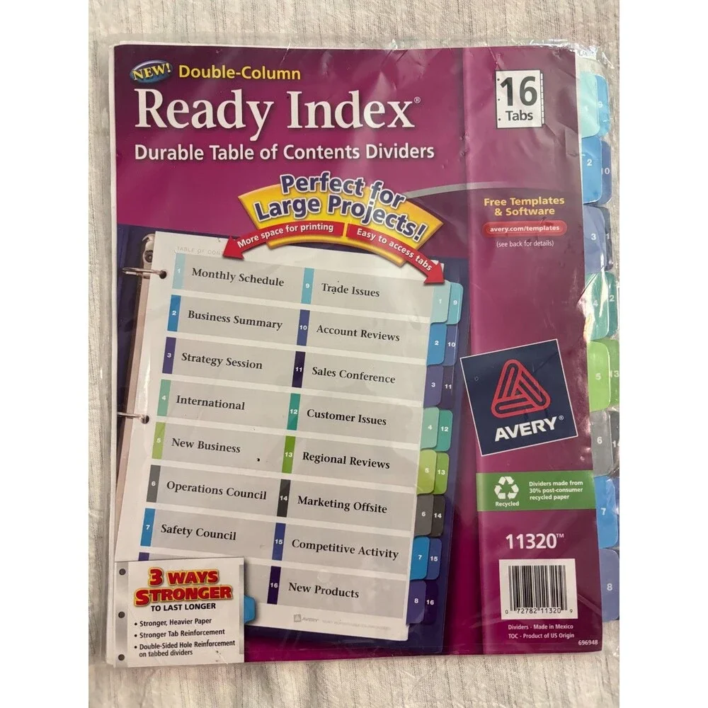 Avery Ready Index 16 Tab Double Column Durable Table of Contents Dividers 11320